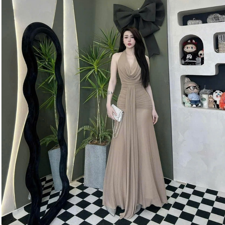 [Xòe Đuôi Cá] Đầm Body Thun Nhũ Hai Lớp Cổ Đổ Xẻ Sâu Hở Lưng Dáng Dài Thanh Lịch Phối Dây Tà Sang Chảnh Đầm Đi Tiệc H | BigBuy360 - bigbuy360.vn
