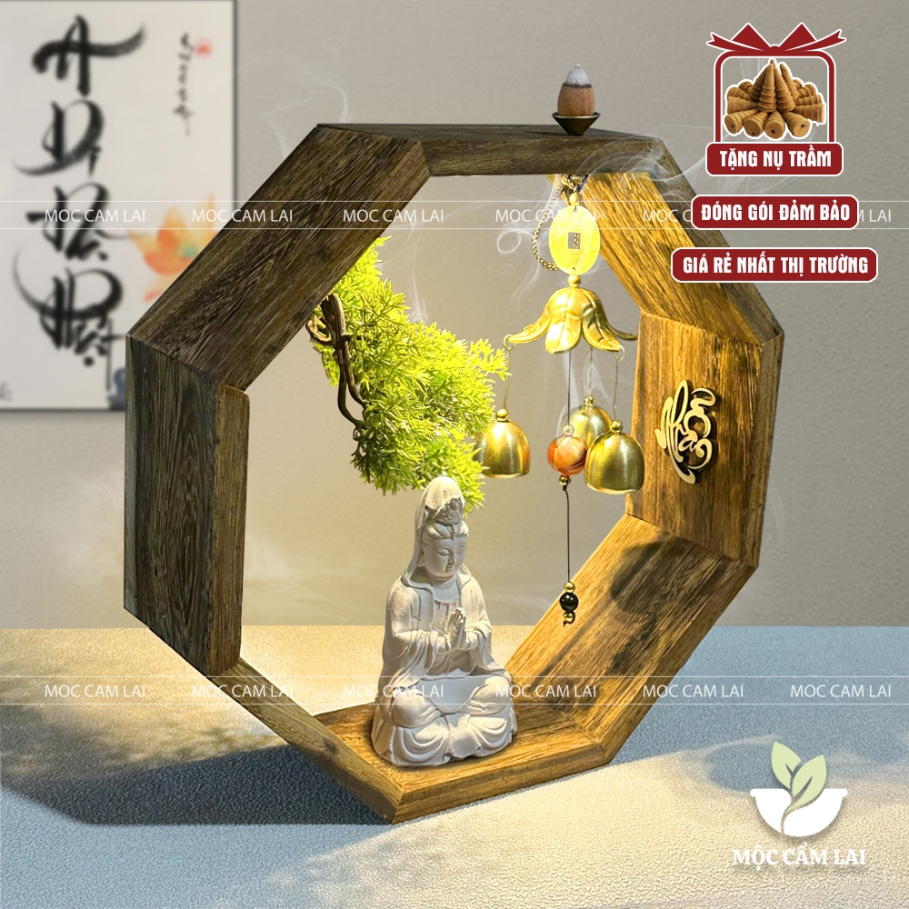 Tiểu Cảnh Xông Trầm Hộp Gỗ Bát Giác Đặt Tượng Phật (Size 30cm) Có Đèn, Đế Trụ Đốt Trầm ( Tặng kèm Nụ Trầm )
