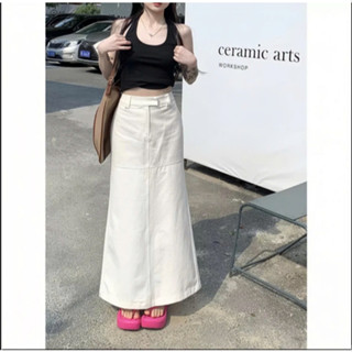 Chân váy nữ dáng dài đai lệch xẻ tà sau chất denim mềm mịn có big size M24 - PQM STORE