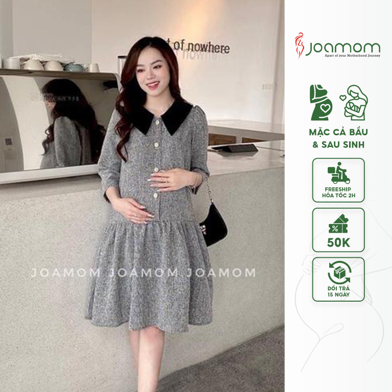  Váy Đầm Bầu Thiết Kế Dạ Xám Tiêu Trước Và Sau Sinh Joamom V165 