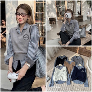 (Hương Muối)Set áo sơ mi kẻ kèm gile len logo tròn