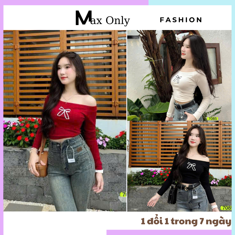 Áo thun dành cho nữ, áo trễ vai dài tay hoạ tiết thêu nơ trước ngực thời trang nổi bật