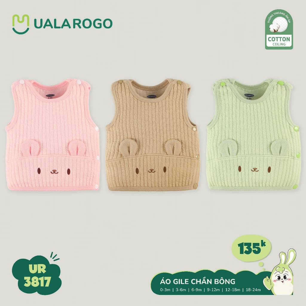 Áo Gile Trần Bông Uala Rogo cotton dày vừa bông mỏng Bé Trai, Bé Gái vải thu đông ấm 3817 ualarogo ghile Gi le