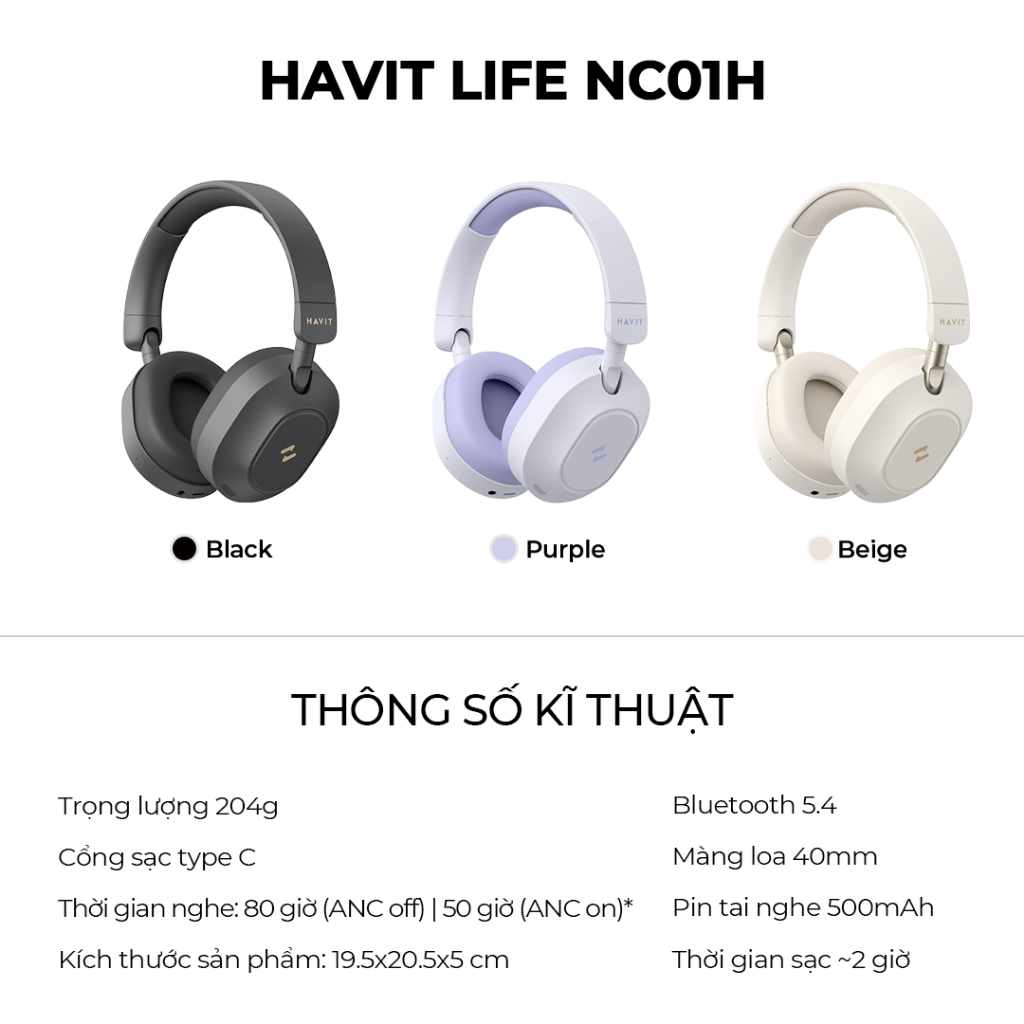 Tai Nghe Headphone HAVIT LIFE NC01H, Bluetooth 5.4, Chống Ồn ANC, Nghe Đến 80H - Hàng Chính Hãng | BigBuy360 - bigbuy360.vn