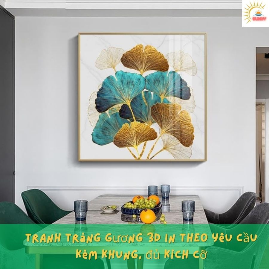 Tranh treo trang trí phòng khách/phòng ăn Hoa Sẻ Quạt Ảnh Tráng Gương Cao cấp Decor Hiện Đại  kèm khung COMPOSITE