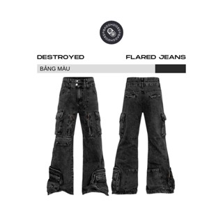 Bad Choices | Quần jean suông loe DESTROYED dây kéo phối túi hộp StreetWear Style