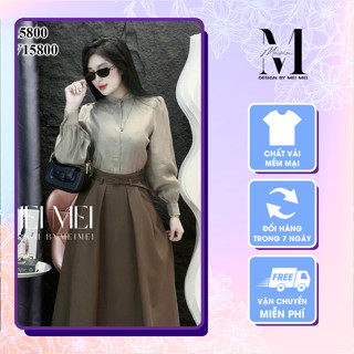  Set đồ nữ thanh lịch áo sơ mi tơ phối chân váy xòe dáng dài cực sang chảnh Meistore ST15800 