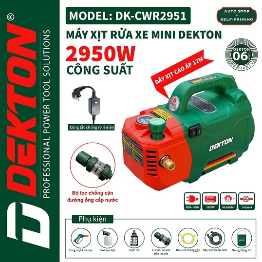 Máy rửa xe điện DEKTON DK-CWR2951 (CHỈNH ÁP) CÓ CHỐNG GIẬT