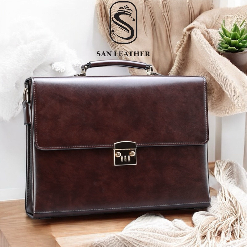 Cặp Da Nam Khóa Số Cao Cấp SanLeather S90880.Túi Xách Da Công Sở.
