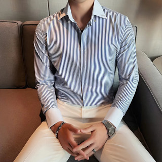 Áo Sơ Mi Nam Kẻ Sọc Giấu Cúc, Áo Sơ Mi Kẻ Sọc Xanh Cổ Trắng Nẹp Ẩn Vải Lụa Cao Cấp Chống Nhăn