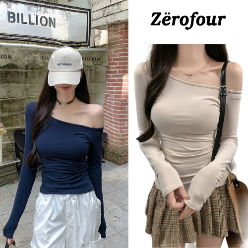 Áo thun lệch vai dài tay ôm body siêu quyến rũ, Áo kiểu trễ vai tay dài phong cách hàn quốc ZEROFOUR