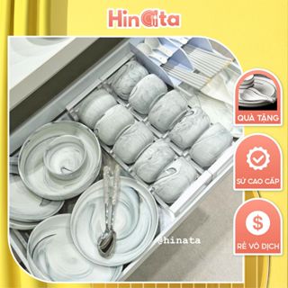 Bán lẻ bộ bát đĩa gốm sứ cẩm thạch vân đá HINATA bộ chén dĩa chén ăn cơm đĩa sứ bát tô cho lò nướng