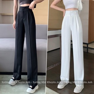  Quần ống rộng nữ 2 cúc lưng cao đi học công sở biển dài 100cm cạp 7cm dáng quần ống suông cạp cao 2 khuy cá tính vải đen 