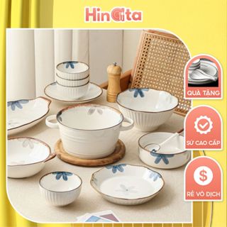 Chén đĩa gốm sứ hoa xanh xám Nhật HINATA bột bát ăn cơm chén dĩa bát ô tô canh mắm chấm dùng cho lò nướng, máy rửa bát