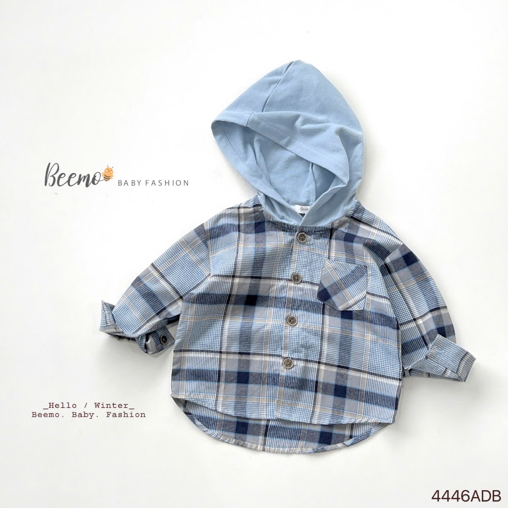 Áo sơ mi thô kẻ caro phối mũ dài tay Beemo cho bé, áo hoodie sơ mi