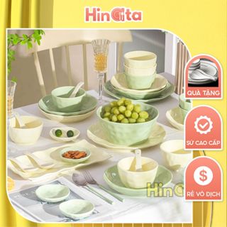 Bộ bát đĩa sứ xanh be HINATA bát ô tô đựng canh bộ chén dĩa bát ăn cơm đĩa sứ thanh lịch sang trọng, Bảo hành 1-1