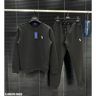 Bộ Đồ Nam Dài Tay Thu Đông, Áo  Bo Nỉ Bông RLX Đen In Chữ Logo Trước Ngực Mũ 2 Lớp Dầy Dặn Cao Cấp