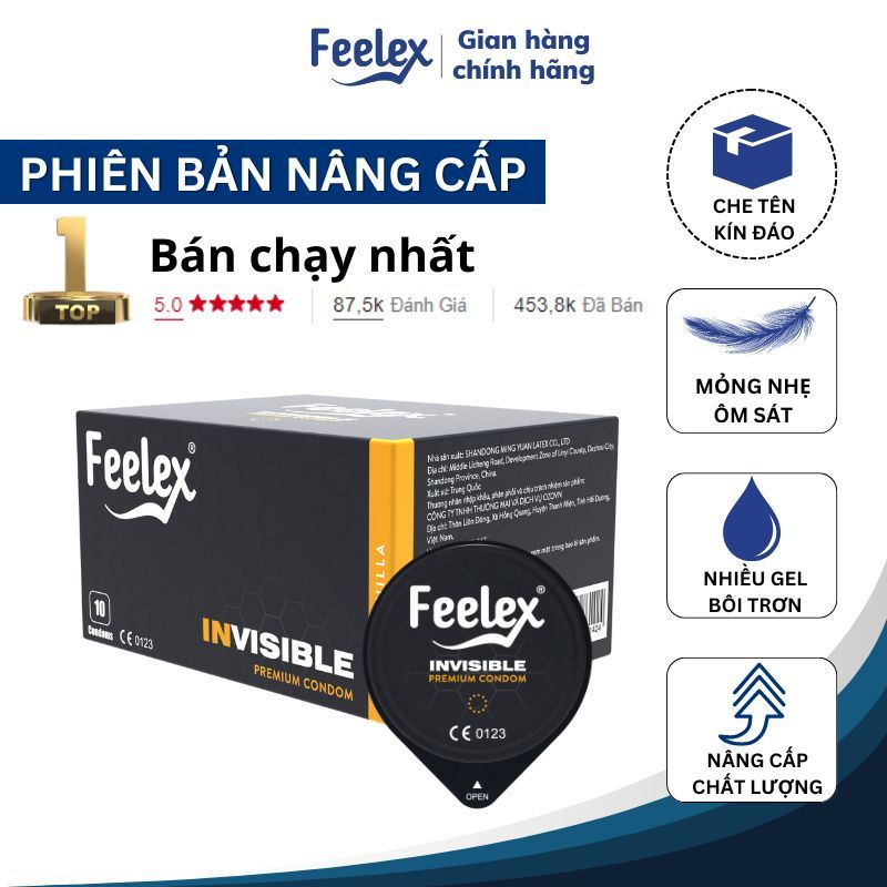 Bao Cao Su Feelex Siêu Mỏng, Kéo Dài Thời Gian, Gân Gai, Nhiều Gel Bôi Trơn - Hộp 10 Bcs