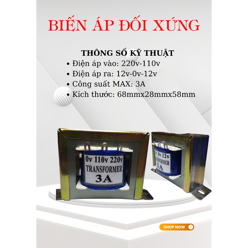 Biến áp đối xứng 12v 3A, biến áp cách ly 12v 3A, hạ áp 220v/110v ra 12v-0v-12v