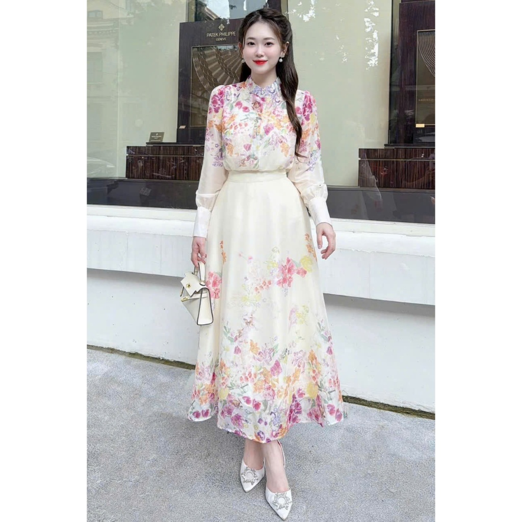 Set váy thời trang nữ chất voan cao cấp cổ áo trụ sơ mi chân váy dài lịch sự họa tiết hoa mặc đi tiệc siêu sang