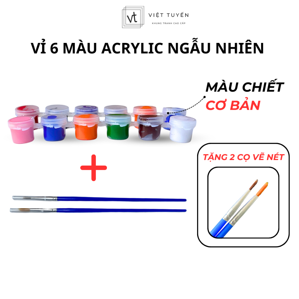 Vỉ 6 màu Acrylic cơ bản ngẫu nhiên, vỉ chiết 5ml, tặng kèm 2 cây cọ vẽ nét