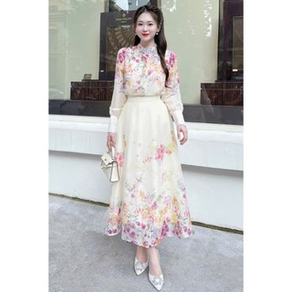  Set váy mặc đi làm đi chơi đều hợp áo tay dài bo tay cổ trụ chân váy xoè dài kính đáo lịch sự chất voan hoa cao cấp 