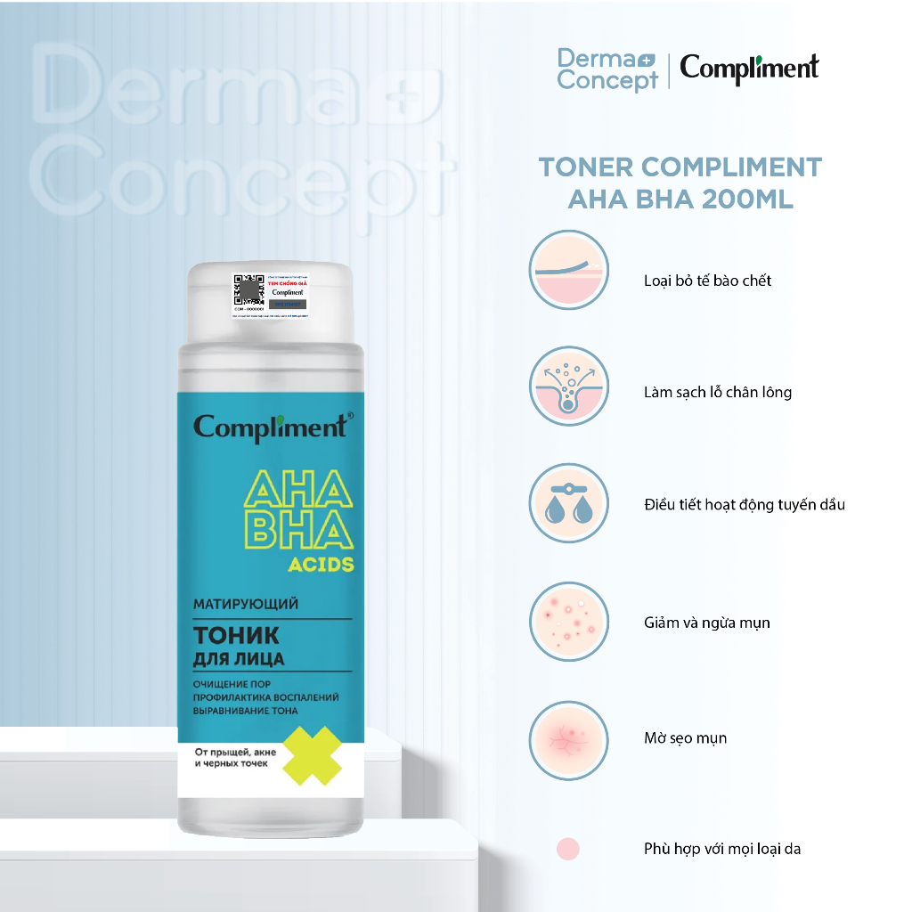 Toner Compliment AHA BHA làm sạch sâu, kiềm dầu, giảm mụn, thu nhỏ lỗ chân lông 200ml