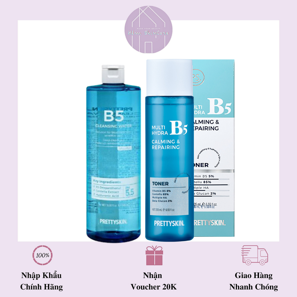 Prettyskin B5 Cleansing Water & Multi Hydra B5 - Nước Tẩy Trang & Toner Cấp Ẩm Làm Dịu Da