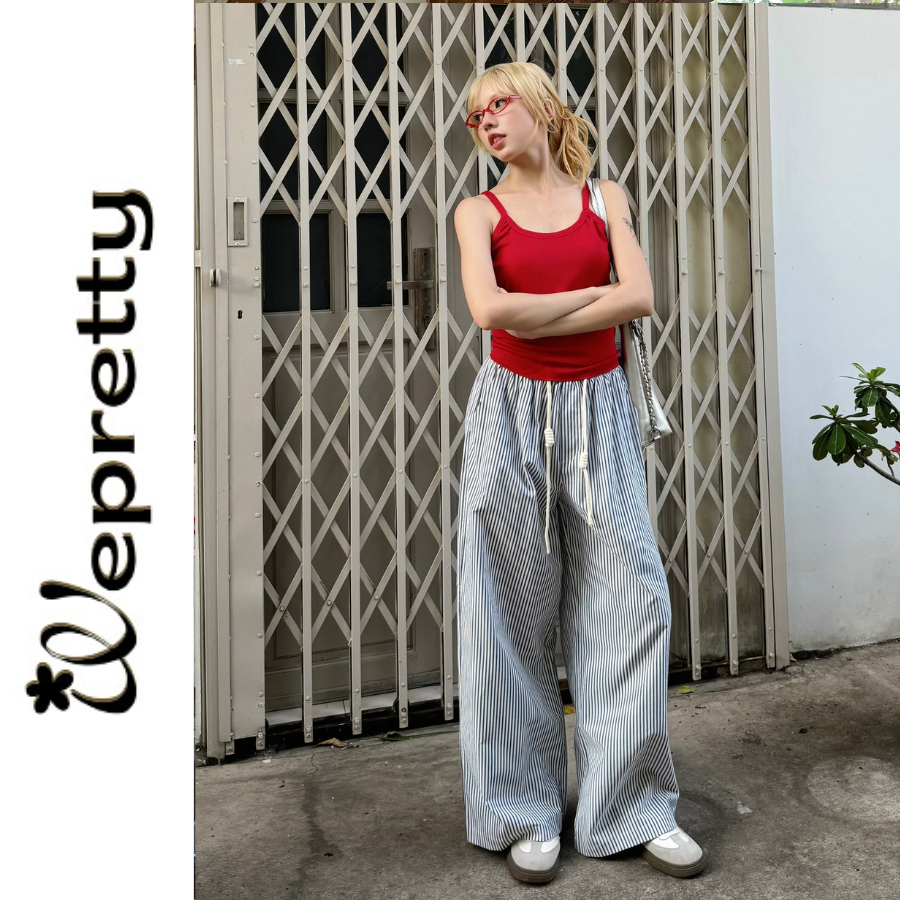 Quần dài vải thô cotton hoạ tiết sọc Wepretty ống suông kẻ đi biển phối màu pastel COCO PANTS - Q04 [TẶNG QUÂY]