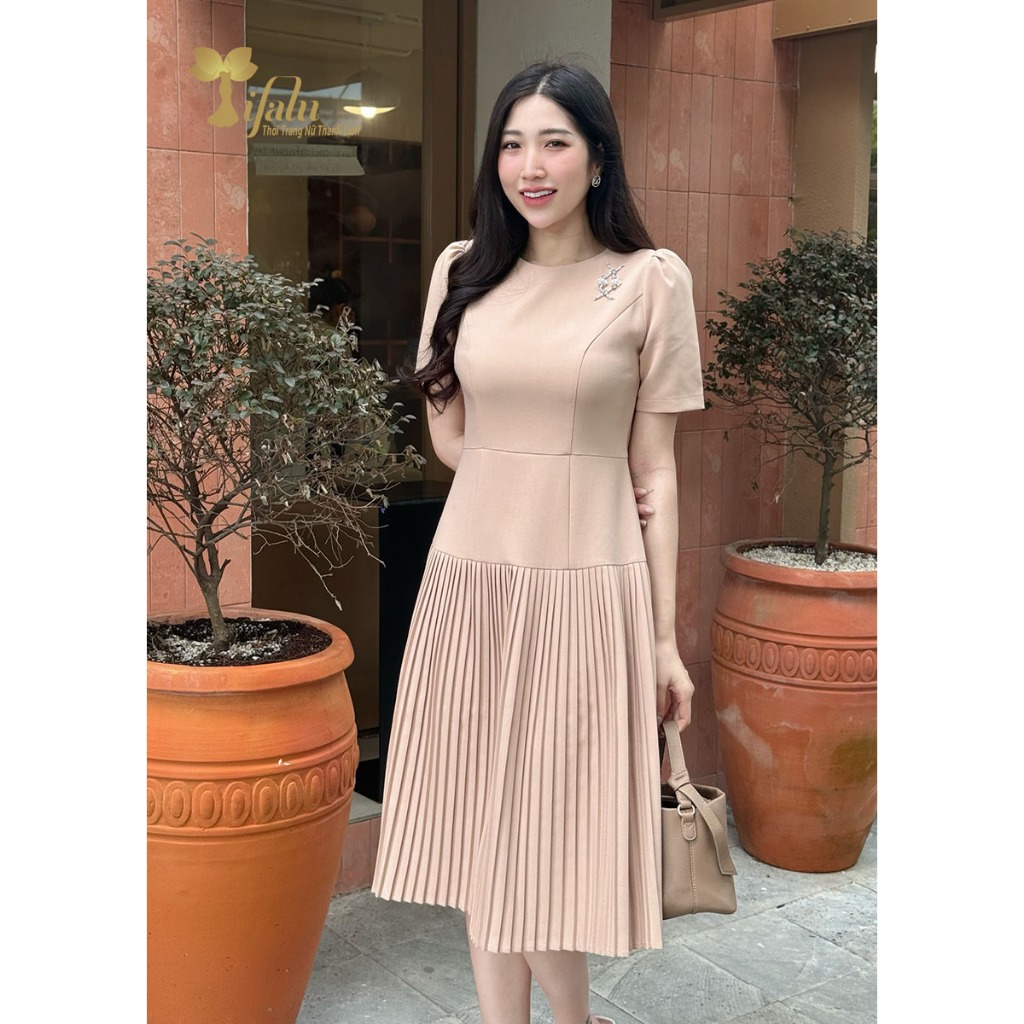 Váy nữ trung niên Đầm dự tiệc cho mẹ U40 U50 U60 TIFALU chất cotton lụa màu nude - ZOL725NUDE