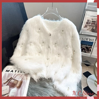 Áo Khoác Len Lông Thỏ Dài Tay Cúc Đá Đính Ngọc Kết Sang Trọng