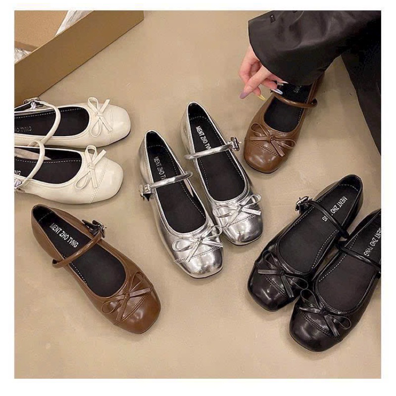 Giày bệt nơ mũi vuông dây ngang khoá vuông vàng | BigBuy360 - bigbuy360.vn