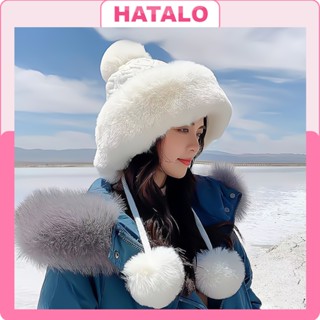 Mũ len nữ trùm đầu mùa đông dệt kim lông thỏ ấm áp Nón len beanie hai quả bông thời trang dễ thương