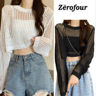 Áo croptop len lỗ nhỏ 3 màu lưới dệt kim dài tay xuyên thấu, áo đan hottrend cá tính siêu xinh zerofour_vn