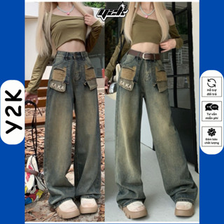 (SUÔNG NẤM LÙN) Xuông Nấm Lùn Jean 9 Tấc 90cm Cho Nữ Quần Ống Suông Rộng Thêu KAKA Y2K