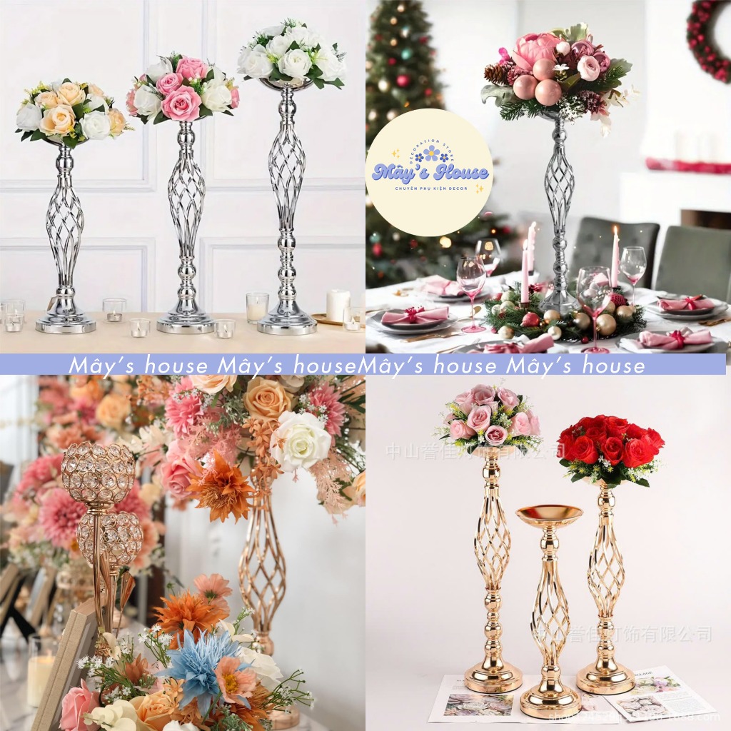 Trụ/bình hoa xoắn màu vàng,bạc ( có bán lẻ size ) trang trí tiệc cưới,decor bàn gia tiên ,event,..