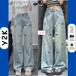 (SUÔNG NẤM LÙN) Quần Jean Ống Rộng Nấm Lùn Xuông 9 Tấc 90cm Suông Cho Nữ Thêu Nơ Đen Y2K