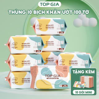 [Tặng 1 bịch mini]Thùng 10 gói khăn ướt 100 tờ Topgia không mùi không cồn an toàn dành cho em bé