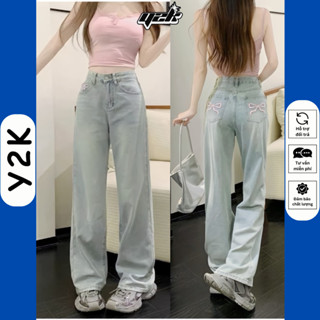 (SUÔNG NẤM LÙN) Quần Ống Rộng Cho Nấm Lùn Jean Xuông 9 Tấc 90cm Suông Nữ Thêu Nơ Y2K