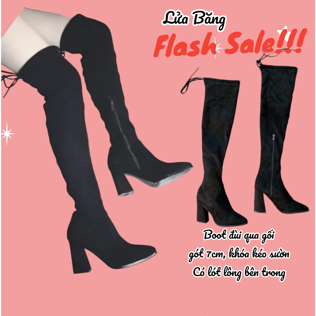 Boot Đùi Gót Vuông Chất Bốt Da Lộn Có Lót Lông Hàng Quảng Châu và Da mờ da bóng qua gối (có khóa cạnh và không khoá)