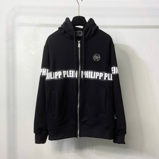 Áo khoác hoodie zip nam nữ Philipp Plein thêu logo sắt ngực phối in sọc dải chữ ngang ngực boy phố HZ57P