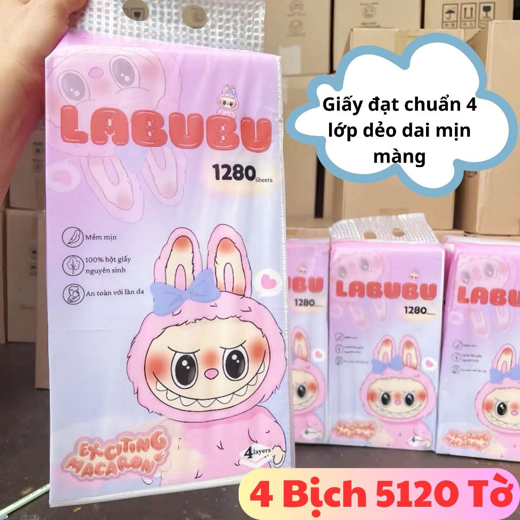 [Chính hãng] Thùng 4 Bịch Giấy Rút Treo Tường 1280 Tờ Labubu Chính Hãng, Giấy Đa Năng 4 Lớp