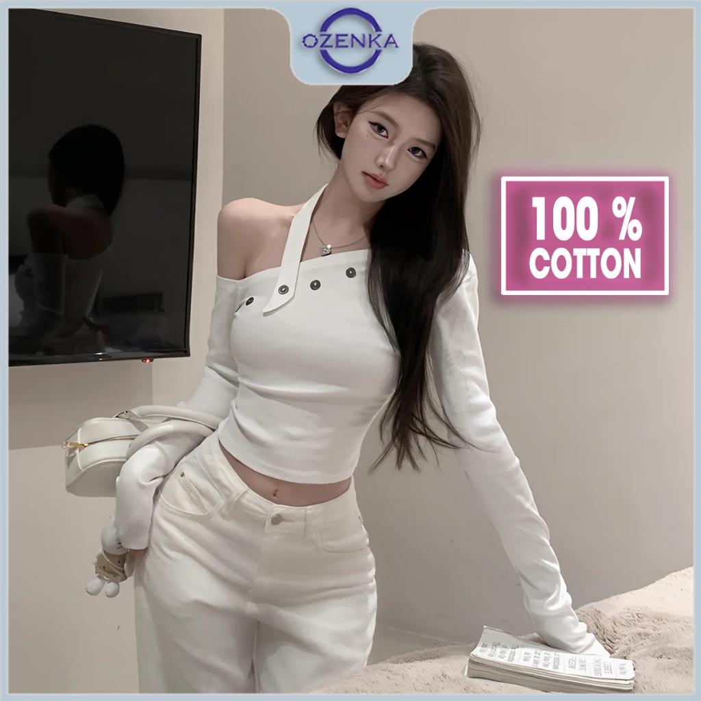 Áo croptop trễ vai kiểu tay dài ôm body sang chảnh đính cúc nữ Ozenka , áo crt thu đông lệch vai thun cotton đen trắng