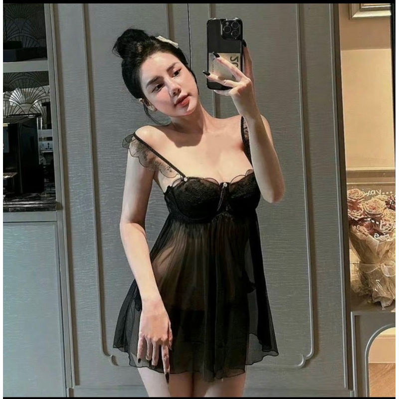 V26 Váy ngủ xuyên thấu voan mỏng dây cánh tiên