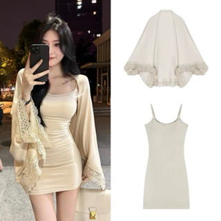 ( ORDER ) Set Áo Choàng Cánh Dơi Viền Ren & Đầm Body 2 Dây