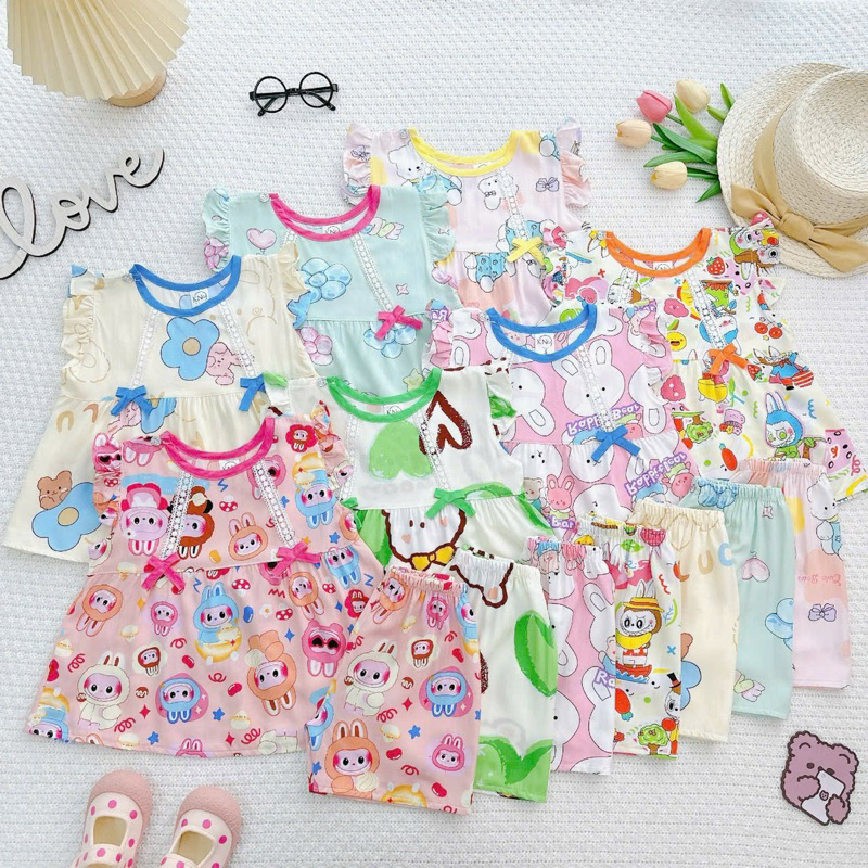 NT390 Bộ lanh, bộ tole cộc tay dáng cánh tiên gắn nơ ren siêu xinh cho bé gái (không cần tăng size)