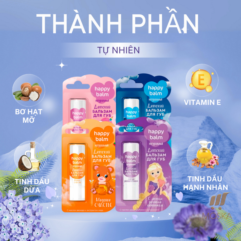 Son Dưỡng Môi Trái Cây Cho Trẻ Em Trên 3 Tuổi HAPPY BALM FITO Nga 3.6g, Môi Mềm Mịn, Căng Mướt, Dưỡng Ẩm Sâu| Moska shop