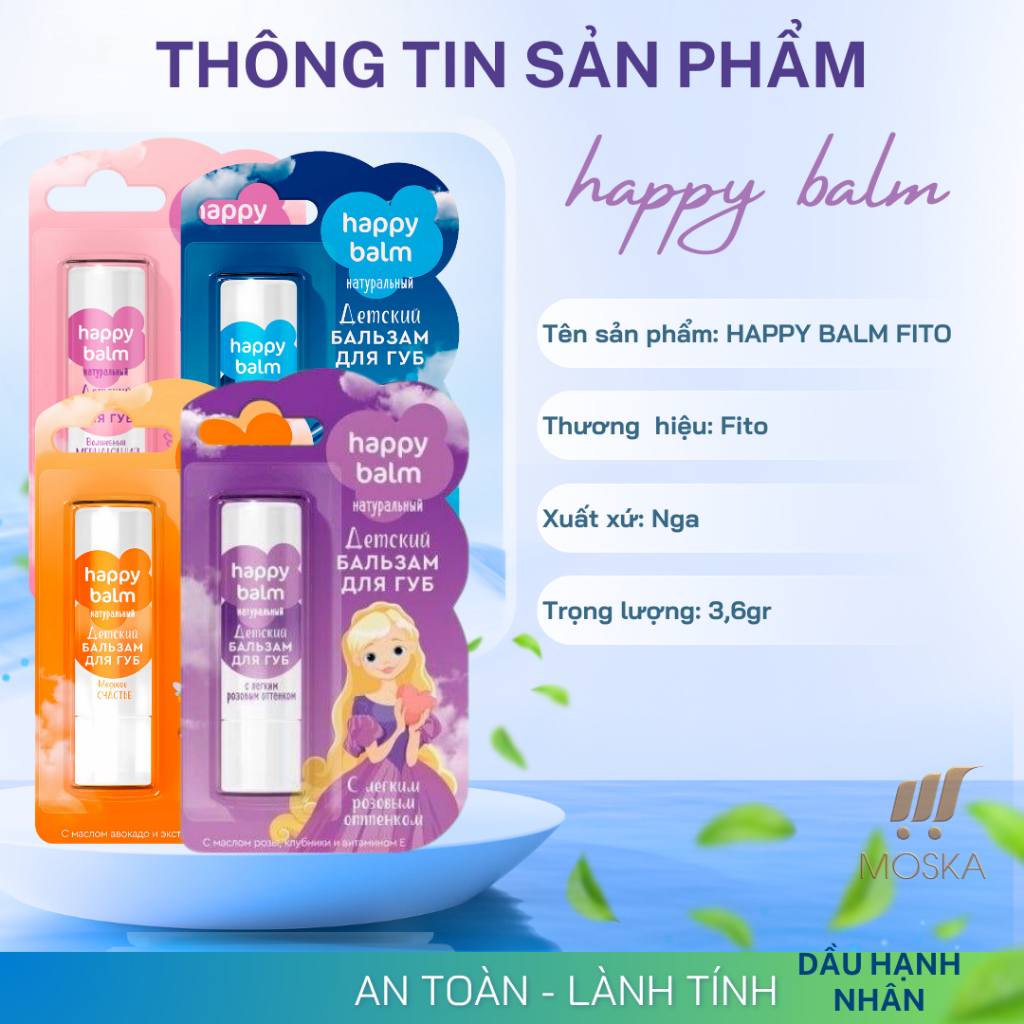 Son Dưỡng Môi Trái Cây Cho Trẻ Em Trên 3 Tuổi HAPPY BALM FITO Nga 3.6g, Môi Mềm Mịn, Căng Mướt, Dưỡng Ẩm Sâu| Moska shop