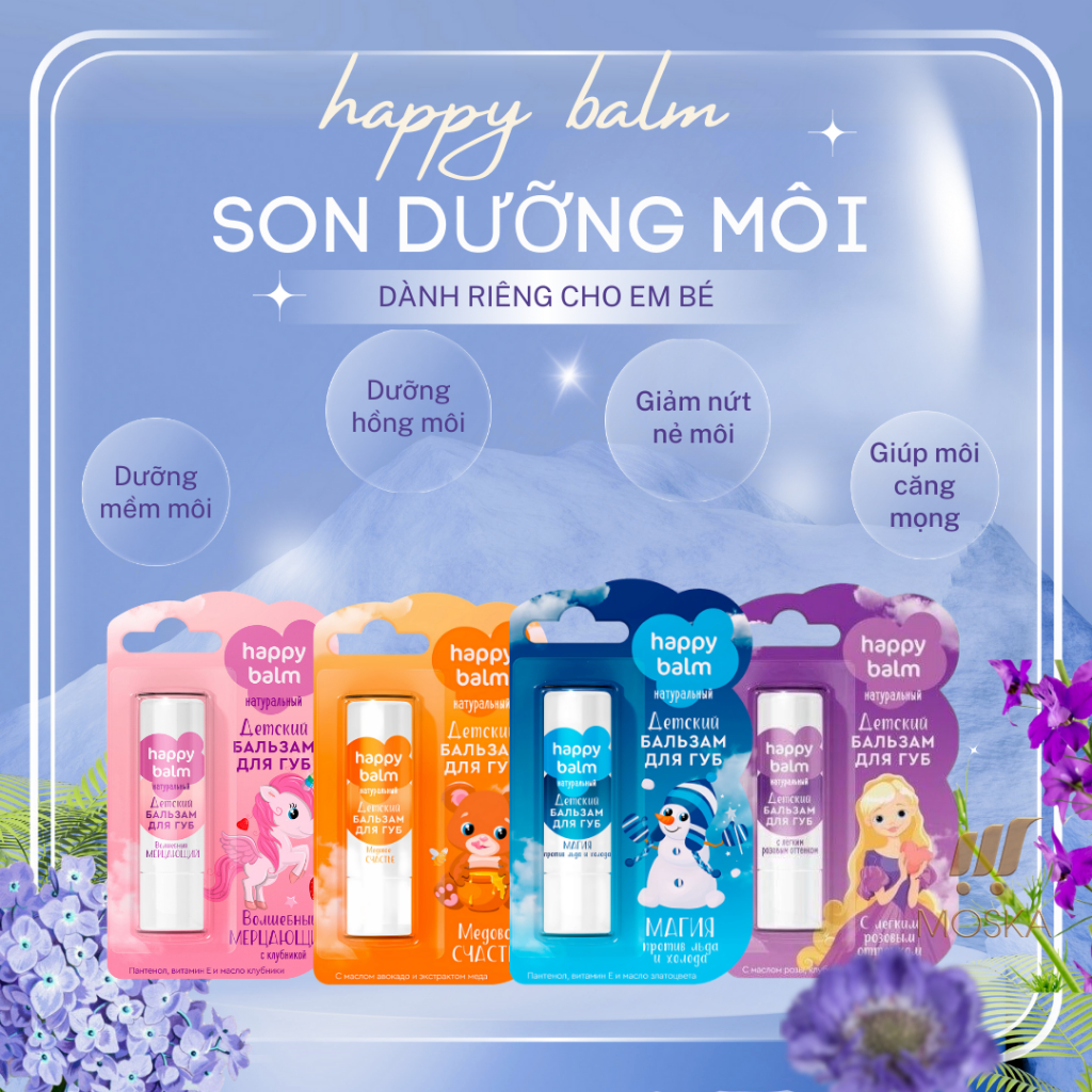 Son Dưỡng Môi Trái Cây Cho Trẻ Em Trên 3 Tuổi HAPPY BALM FITO Nga 3.6g, Môi Mềm Mịn, Căng Mướt, Dưỡng Ẩm Sâu| Moska shop