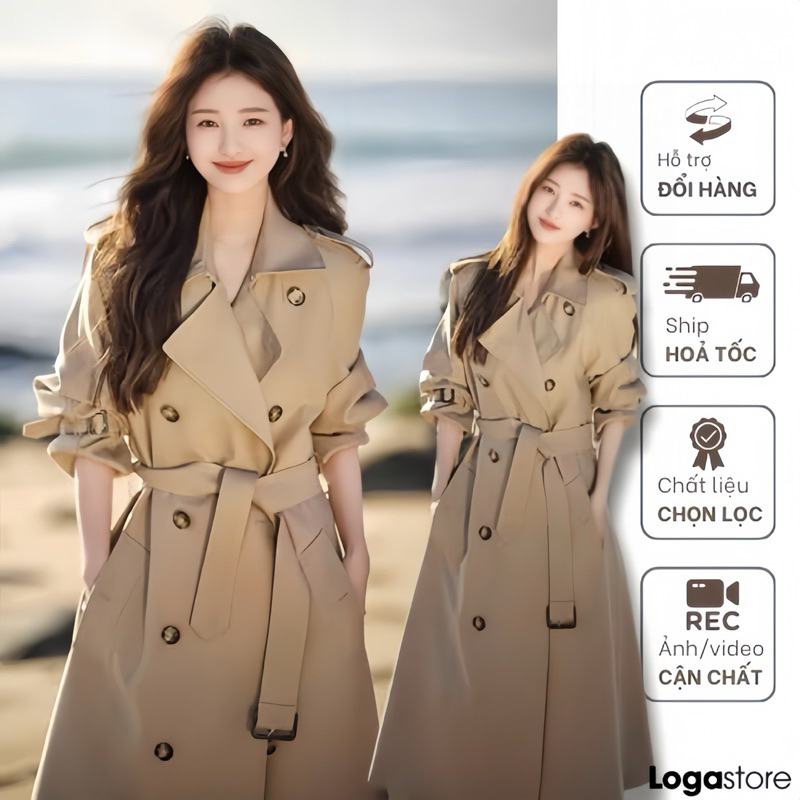 Áo mangto nữ dáng dài màu nâu nhạt, áo khoác măng tô dáng dài 2 hàng cúc Logastore_L310